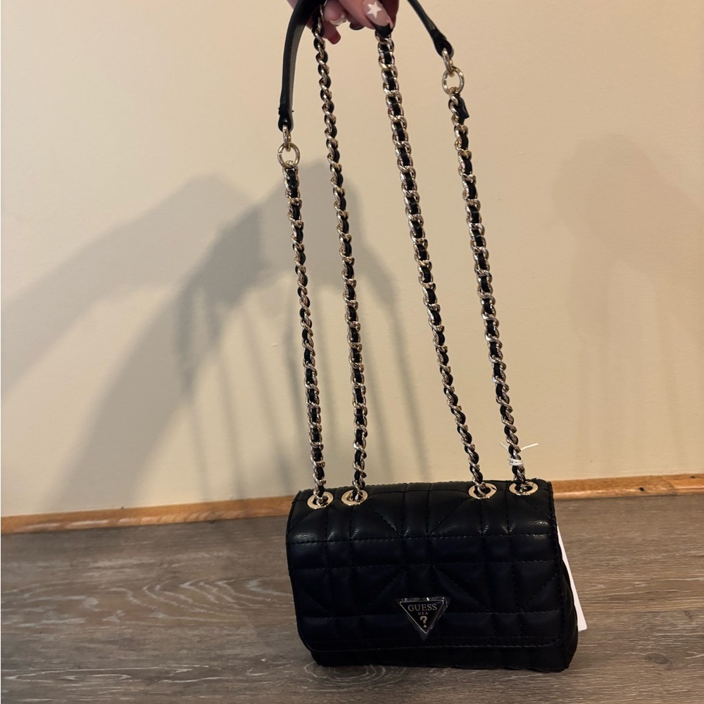 Guess Black Quilted Bag with Gold Chain